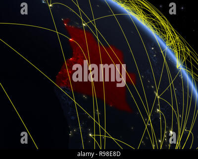 Angola aus dem Weltraum auf dem Modell des Planeten Erde bei Nacht mit Netzwerk. Konzept der digitalen Technologie, Konnektivität und Reisen. 3D-Darstellung. Elemente der Stockfoto