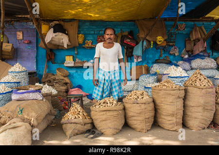 Kolkata, Indien am 12. April 2017: Unbekannter inder Verkäufer der Verkauf Ingwer und Knoblauch in Kalkutta, West Bengal, Indien Stockfoto