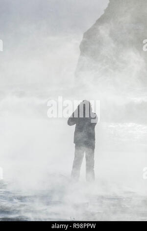 Touristische trotzen die intensive, Gale force Winde entlang der Reynisfjara Black Sand Beach in der Nähe von Vik im Winter in Island [kein Modell Release; f Stockfoto