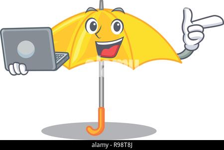 Mit laptop yellow umbrella auf ein Maskottchen, isoliert Stock Vektor