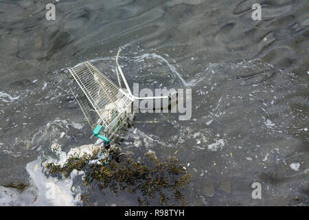 Extrem verschmutzten Gewässern, weißen Schaum und glatt von Öl auf dem Meer. Warenkorb Stockfoto