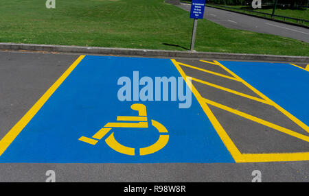 Behindertengerechte Parkplätze markiert, die in internationalen Standard signage hell Blau und Gelb. Stockfoto