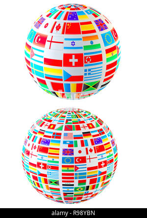 Set-Welt Flaggen Sphären. Über weiß Isoliert Stockfoto