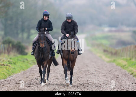 Ein Mann und eine Frau reiten auf Pferden, nachdem sie auf den Galopps in Peter Bowen Stables in Pembrokeshire, Wales trainiert haben Stockfoto