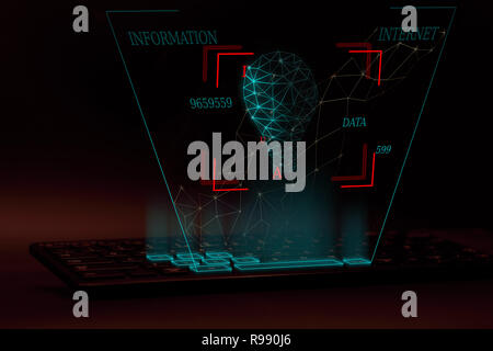 Internet und Informationen Entwicklung Konzept 3D-Abbildung mit hervorgehobenen Tastatur Elemente, Low Poly Glühlampe Hologramm und Daten fliegen Stockfoto