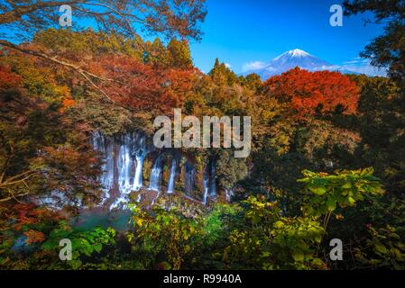 Shiraito fällt mit Mt. Fuji und bunten Herbst Blatt in Fujinomiya, Shizuoka, Japan. Stockfoto