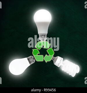 Beleuchtete Glühlampen LED, CFL Leuchtstoffröhren und Glühlampen Technologien in Papierkorb Symbol angeschlossen. Entwicklung von energieeffizienten Lampe technolo Stockfoto