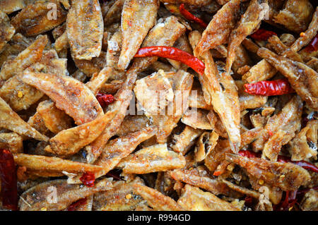 Kleinen gebratenen Fisch knusprig mit getrockneten Chili/Haufen frittierte kleine Fische snack Textur Hintergrund in Street Food Stockfoto
