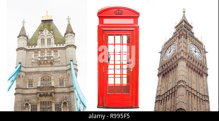 Satz von London City Sehenswürdigkeiten, wie Bridge, Telefonzelle und Big Ben isoliert Stockfoto