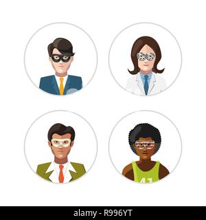 Satz flacher Menschen Avatare in Karneval Masken, Anonymität Konzept auf Weiß isoliert Stock Vektor