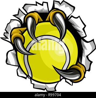 Adler, Vogel oder Monster Kralle oder Krallen halten einen Tennisball und reißen durch den Hintergrund. Sportgrafik. Stock Vektor