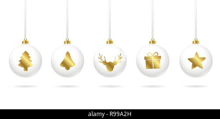 Weiße Weihnachten Kugeln mit goldener Dekoration Weihnachtsbaum bell Rentier Geschenk und Star Vektor-illustration EPS 10. Stock Vektor