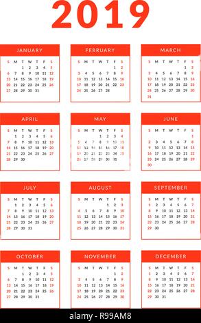 Einfache Vertikale 2019 Kalender Vorlage für Design. Beginnt am Sonntag Stock Vektor