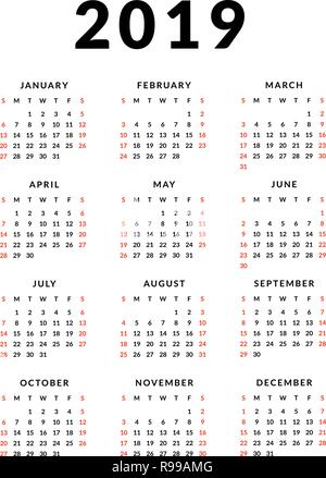 Einfache 2019 Vorlage Kalender, Woche am Sonntag beginnt Stock Vektor