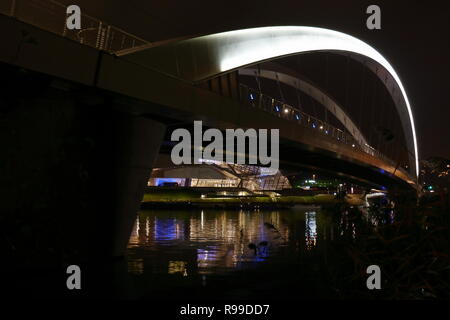 Eine Brücke, die über den Fluss zum Musée de Confluence führt, das im Hintergrund abgebildet ist, bei Nacht aufgenommen, Lichter reflektiert im Fluss. Stockfoto