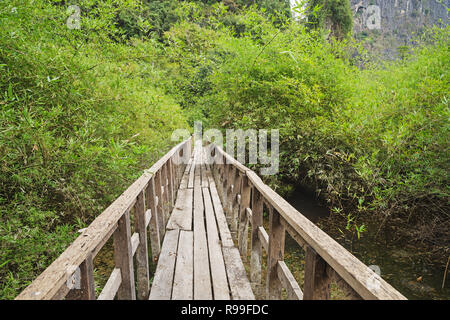 Alte angehoben Boardwalk über einen nassen Bereich in Laos. Stockfoto