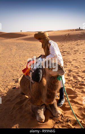 Marokko Errachidia Provinz, Erg Chebbi, vorbereitet für Camel desert Ride in Sanddünen Stockfoto