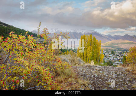 Malerischer Blick auf Herbst Bäume und Berge gegen Himmel, Esquel, Chubut, Patagonien, Argentinien Stockfoto