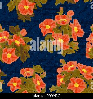 Florale nahtlose Muster. Bunte Blumen auf dem dunklen Hintergrund. Die Wirkung von Stickerei auf Denim Stock Vektor