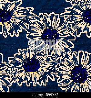 Vektor Gänseblümchen Musterdesign. Denim Blumentapete. Blaue Jeans Hintergrund mit Blumen. Stock Vektor