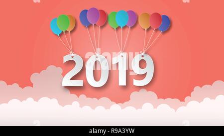 Frohes neues Jahr 2019 kreative Abbildung: Papier schneiden Stil. 2019 Papier hängen an farbenfrohen Ballon über Wolken auf rotem Hintergrund für Web Banner, Po Stock Vektor