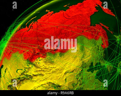 Russland am Modell der Grüne Planet Erde mit internationalen Netzwerken. Konzept der digitalen Kommunikation und Technologie. 3D-Darstellung. Elemente dieser Stockfoto