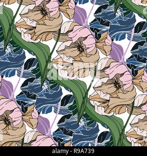 Vektor Tulip graviert Tinte Art Floral botanischen Blume. Nahtlose Muster. Stofftapeten drucken Textur. Stock Vektor
