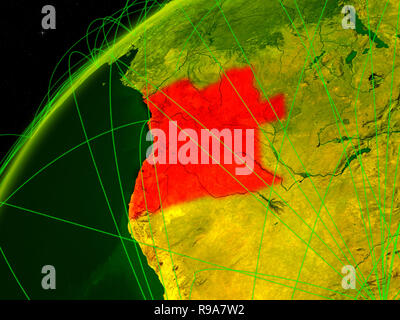Angola am Modell der Grüne Planet Erde mit internationalen Netzwerken. Konzept der digitalen Kommunikation und Technologie. 3D-Darstellung. Elemente dieser Stockfoto