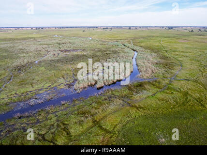 Luftaufnahme von Flüssen, Bächen und Wiesen im Okavango Delta, Botswana, Afrika Stockfoto