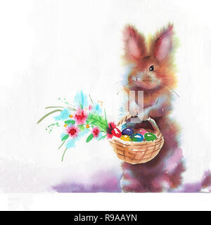Osterhasen und Ostereier. Aquarelle Abbildung mit niedlichen tieren. Osterkarten Stockfoto