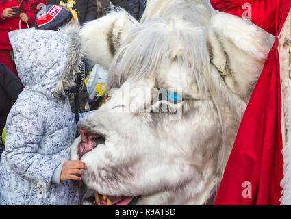 Bournemouth, Dorset, Großbritannien. 22. Dezember 2018. Die Snow Lion und Rote Königin machen einen Rundgang durch die Bournemouth untere Gärten für Folk Die mystey und Majestät der größte Löwe die Erde zu gehen, um zu sehen. Aus dem Wald von ewigem Schnee Pads die riesigen weißen Löwen, einer mythischen Emblem der Saison feiern das Licht der menschlichen Güte in den Tiefen des Winters dunkelsten Tagen. Stockfoto