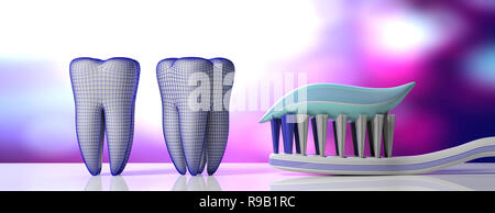 Zahnpflege, Hygiene. Zahnpasta auf eine Zahnbürste, Zahn Modelle und Schutzschild, Lila weißen Hintergrund, Banner. 3D-Darstellung Stockfoto
