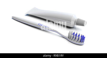 Zahnpflege, Hygiene. Zahnbürste und leere Zahnpastatube mockup auf weißem Hintergrund. 3D-Darstellung Stockfoto