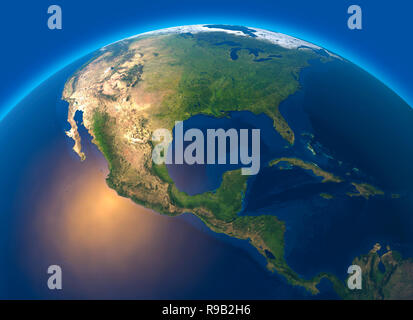 Physische Karte der Welt, Satelliten Ansicht von Mittelamerika. Globus. Hemisphäre. Reliefs und Ozeane. 3D-Rendering Stockfoto