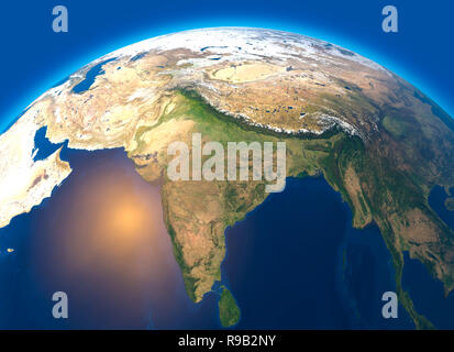 Physische Karte der Welt, Satelliten Ansicht von Indien. Asien. Globus. Hemisphäre. Reliefs und Ozeane. 3D-Rendering Stockfoto