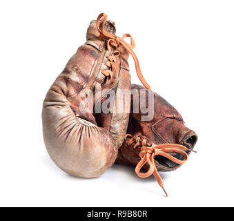 Vintage Boxhandschuhe auf weißem Hintergrund. Stockfoto