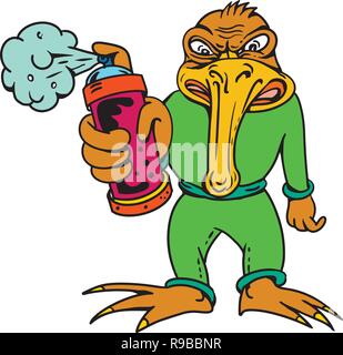 Cartoon Stil Abbildung eines Kiwi Vogel Graffiti Künstler Lackierung und zeigen Sie mit einem lackspray von vorne auf dem isolierten Hintergrund in Zusammenarbeit angesehen werden können Stock Vektor