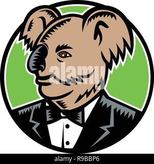 Retro Holzschnitt stil Abbildung eines Koalabär, eine kletternde Pflanzen fressenden Beuteltier in Australien, einen Tuxedo Black Tie auf Seite se Stock Vektor