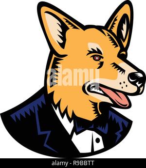 Retro Holzschnitt stil Abbildung eines Welsh Corgi Pembroke Welsh Corgi Hund oder einen Tuxedo Mantel und krawatte Suchen auf isolierten weißen backgrou zu Seite Stock Vektor