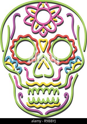 Retro Style Abbildung: Ein 90er Jahre Neon Sign light signage Beleuchtung einer Tätowierung dekorative Sugar Skull oder Calavera auf isolierten Hintergrund. Stock Vektor