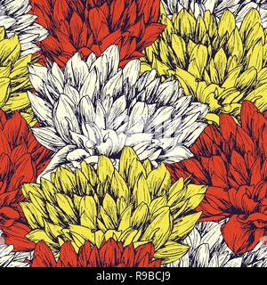 Pfingstrose Hand gezeichnet nahtlose Muster. Florale Kugelschreiber Farbe Textur. Skizze Blumen Farbe Abbildung. Chrysanthemen vintage Freihandzeichnen. Skizziert Verpackung Papier-, Textil-, Hintergrund vector füllen Stock Vektor