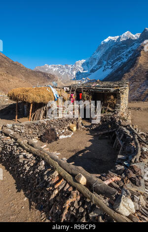 Die tibetischen Dorf Samdo auf den Manaslu Circuit Trek ist der traditionellen 2stöckigen Häusern mit Vieh unter lebenden Viertel gemacht Stockfoto