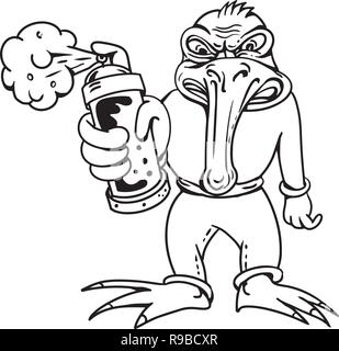 Cartoon Stil Abbildung eines Kiwi Vogel Graffiti Künstler halten und zeigen Sie mit einem lackspray von vorne auf dem isolierten Hintergrund betrachtet. Stock Vektor