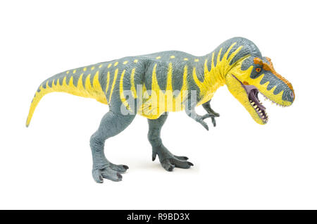 Seitenansicht gelb blau Battat Tyrannosaurus rex Dinosaurier Spielzeug, auf einem weißen Hintergrund. Stockfoto