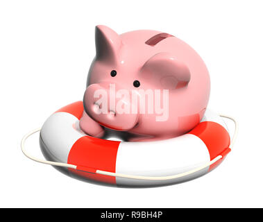 Piggy Bank und Rettungsring. Objekte auf weißem Hintergrund Stockfoto