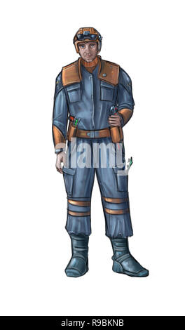 Concept Art Science Fiction Abbildung: Techniker Arbeiten tragen Anzug oder Overalls und harten Hut oder Helm Stockfoto