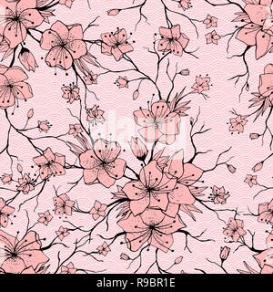 Japanische Sakura Zweig und blühenden Blumen. Klassische nahtlose Muster, traditionellen Kimono Stoff, Asiatische festliche Design mit Frühling Blumen-, Vektor, Abbildung. Zum Drucken bereit. Stock Vektor