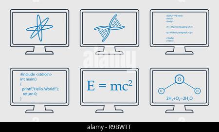 Verschiedene Betreff Icon Set. Physik, Chemie, Gentechnik und Informatik Symbole werden auf dem Monitor. Stock Vektor