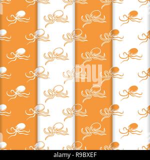 Satz 4 Vector nahtlose Muster mit Kraken. Meer Einwohner. Tiere unter Wasser. Design für die Verpackung, Stoff, marine Hintergrund drucken. Stock Vektor