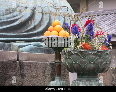 Die riesige Bronzestatue des Großen Buddha an Kotoku-in Tempel, Kamakura, einem nationalen Schatz; close-up Angebote von Orangen & Blumen Stockfoto